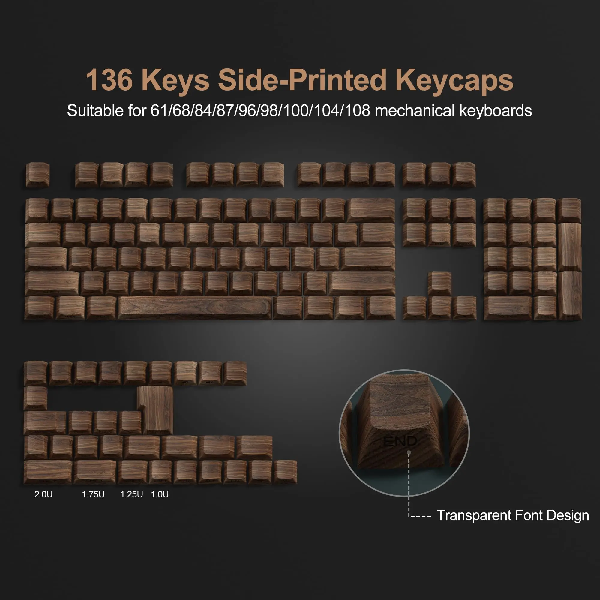Double Shot Brilho Através de Keycaps Madeira Perfil Cereja Dye Sub Side Impresso Pbt Keycaps para Gateron Teclado Switch mx 136 Chaves