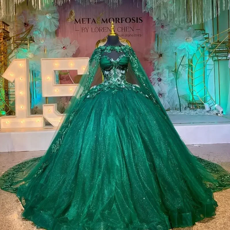 

Изумрудно-зеленое милое платье Quinceanera с накидкой бальное платье блестки аппликация кружева милое 15 16 Vestidos De XV лет