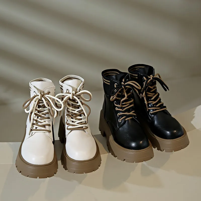 

Зимние женские короткие ботинки на платформе, модные женские Элегантные ботильоны на шнуровке, уличные мотоциклетные ботинки на толстой подошве