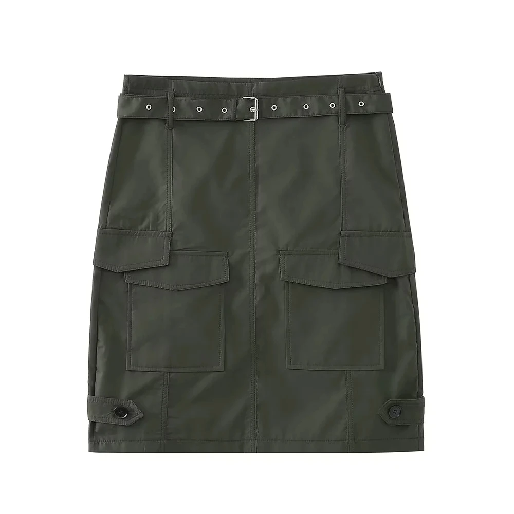 

TRAF Female Midi Pocket Skirt Fashion Casual Amercian Retro Mid Rise Skirt 2023 Autumn Classic Vintage Metal Buckled Belt Skirt