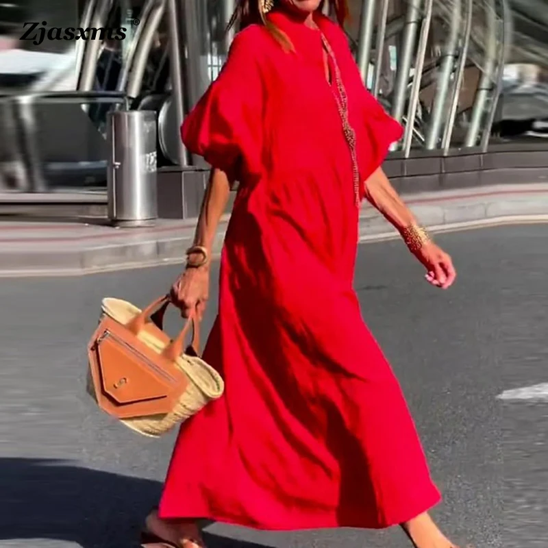 

Women Casual Solid Color Loose A Line Party Dress Female Long Dress Spring Autumn 3/4 Puff Sleeve Stand Collar Shirt Split Dress