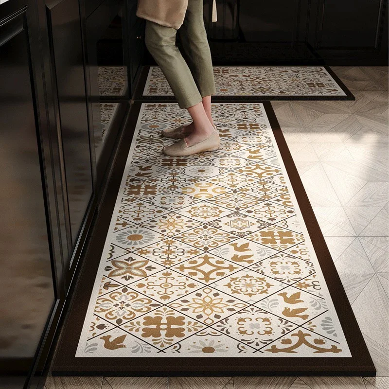 Kitchen Carpet Leather Oil-proof Waterproof Floor Mat Non-slip Pvc Foot Mats Plaid Long Size Rug Home Decoration Rugs Alfombra 2
