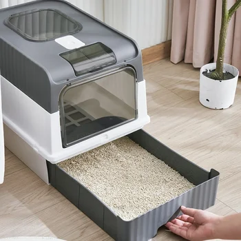 Toilette per gatti, stile cassetto completamente chiuso, facile da pulire, portatile, con paraspruzzi e cucchiaio sul piano per forniture per animali domestici