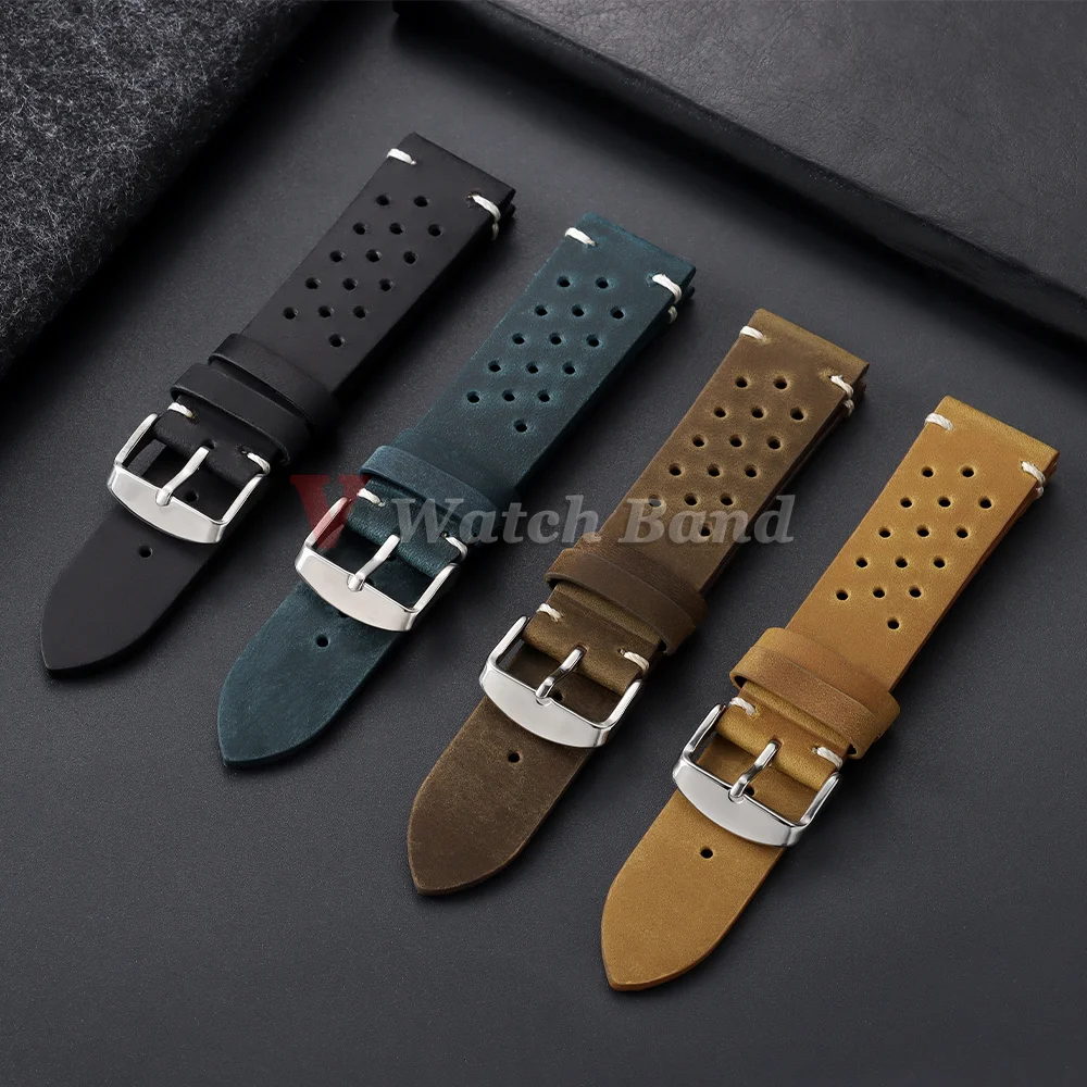 Handmade Dark Brown Vintage Racing Leather Watch Strap - Breathable and Porous Design