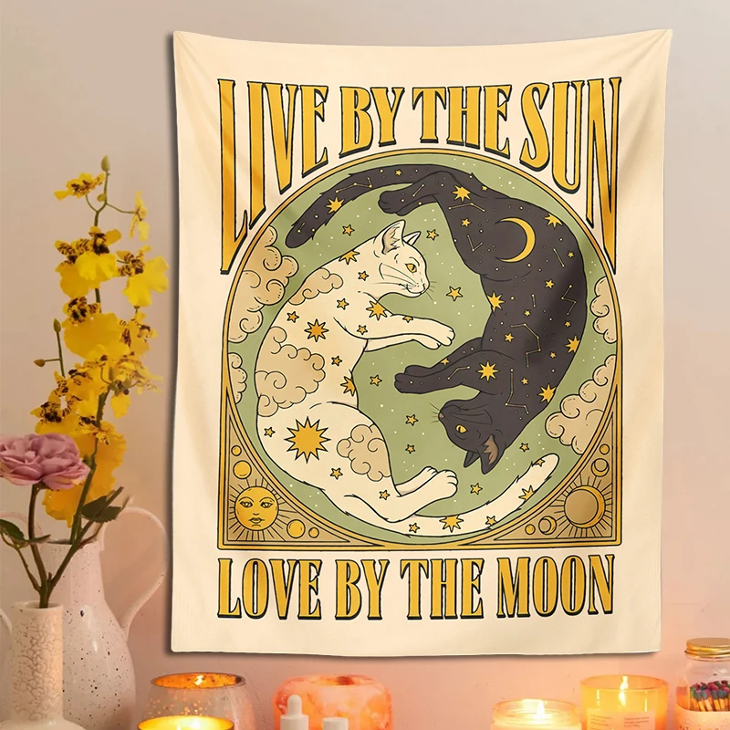 Sun Moon Cat Tapestry Wall Hanging Tarot Retro Black White Cat Psychedelic Love Star for Living Room Home Dorm Decor Cloth Gift tapestry decorations