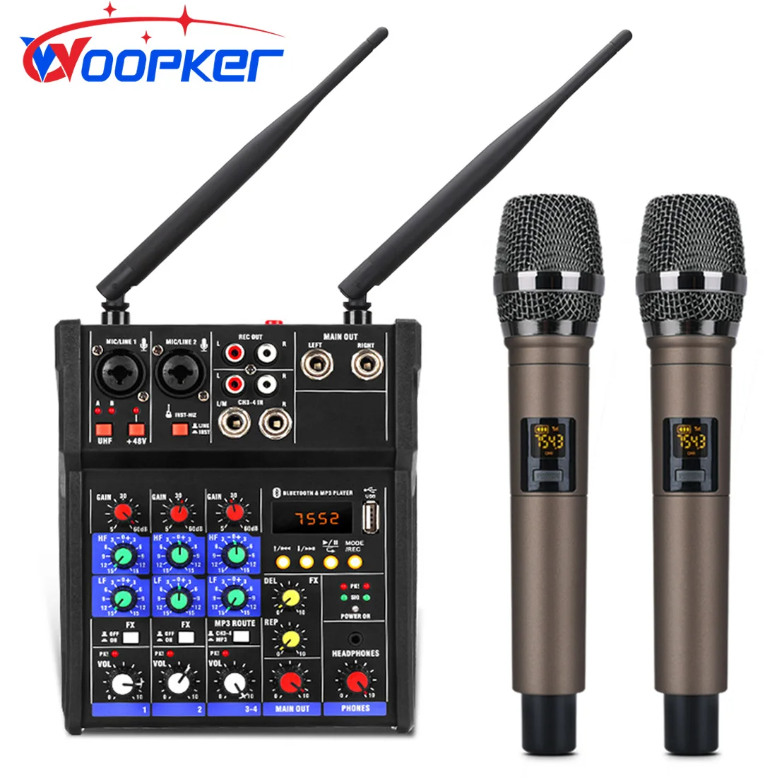 Woopker Audio Mixer 4 Channels Consoles with Wireless Microphone Bluetooth Sound Mixing for DJ Karaoke Studio PC Guitar