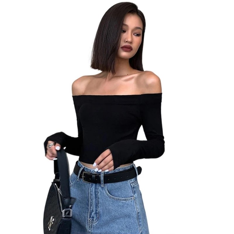

Spring Knitting Women Slash Neck Crop Tops Tight Fitting Long Sleeves Hotsweet Sexy Party High Street Trendy Shirts Chic Blouses