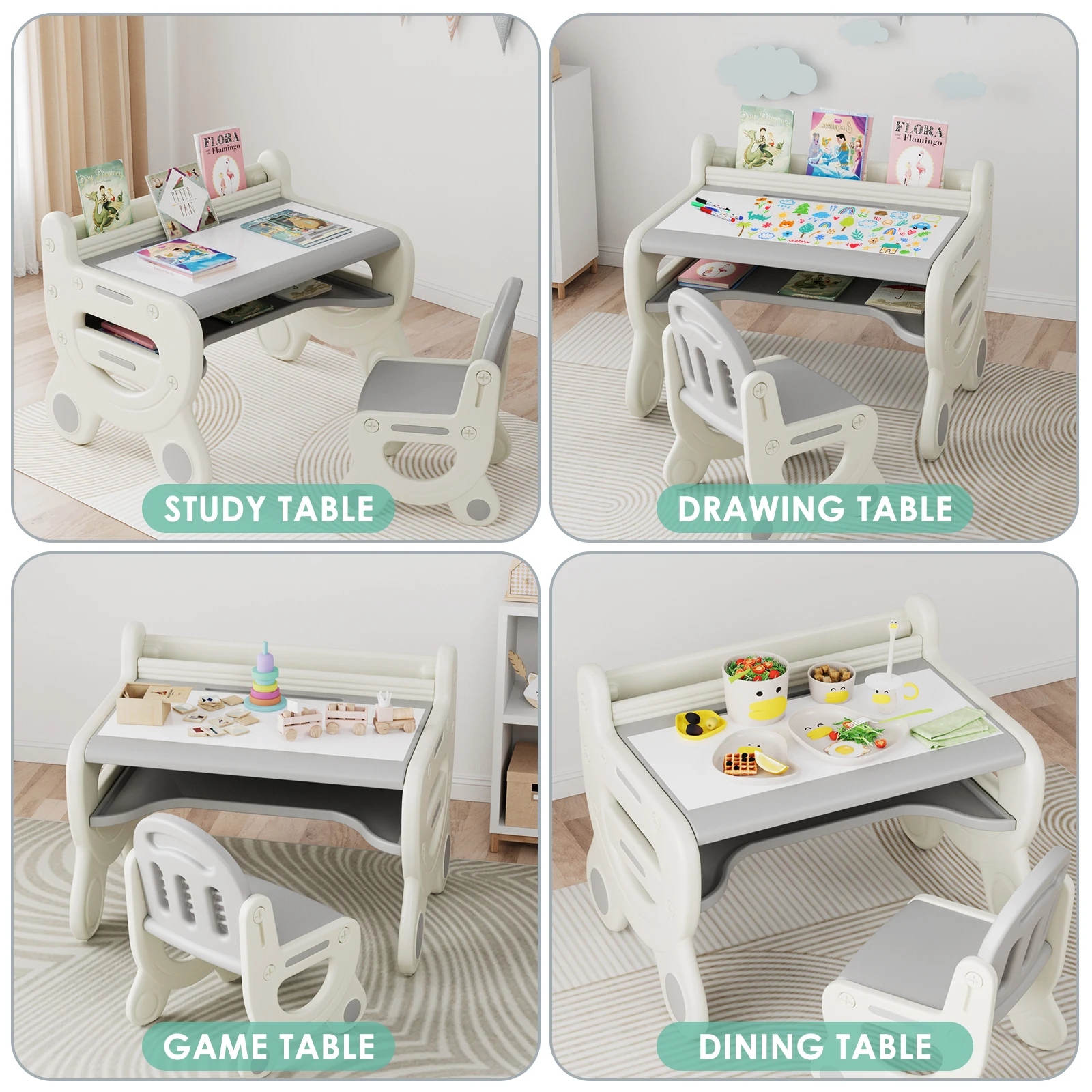 Kids Drawing Table and Chair Set with Pens & Blackboard Eraser Toddlers Art Activity Table Set, Gray & White 6