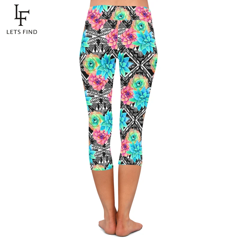 LETSFIND New Ssucculent Plants Flowers and Aztec Print Women Capri Leggings High Waist Fitness Soft Comfortable Pants