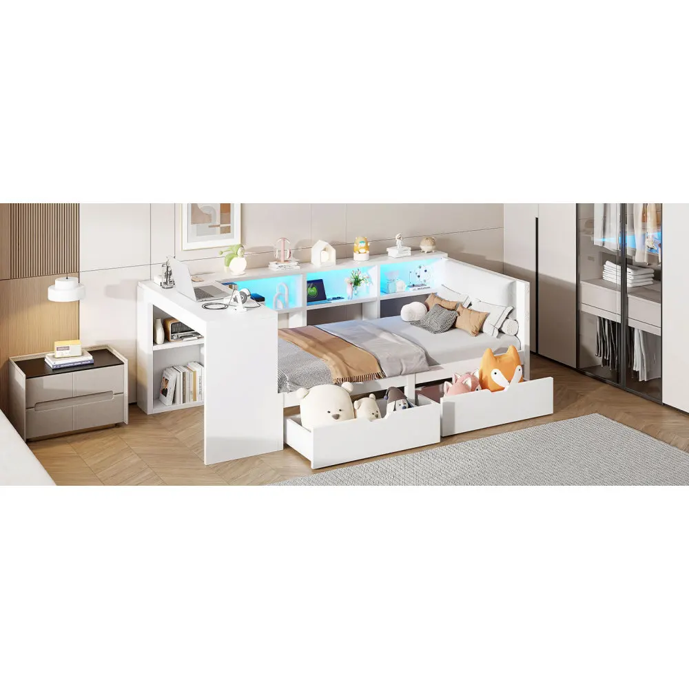 90x200 Plattformbett aus Holz mit Stauraumbereichen, Schubladen, Ladestation und gepolstertem Kopf, mit bunten LED-Leuchten, Weiß – Detail 20