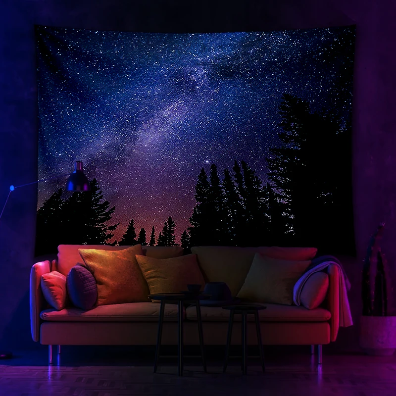 

Starry Sky Night Stars Forest Printed UV Fluorescent Tapestry For Wall Hanging Living Room Bedroom Independent Room Decoration