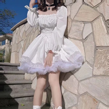 HOUZHOU-Vestido corto de manga larga estilo Lolita, minivestido gótico negro de encaje, ropa de calle de retazos, cuello cuadrado 1