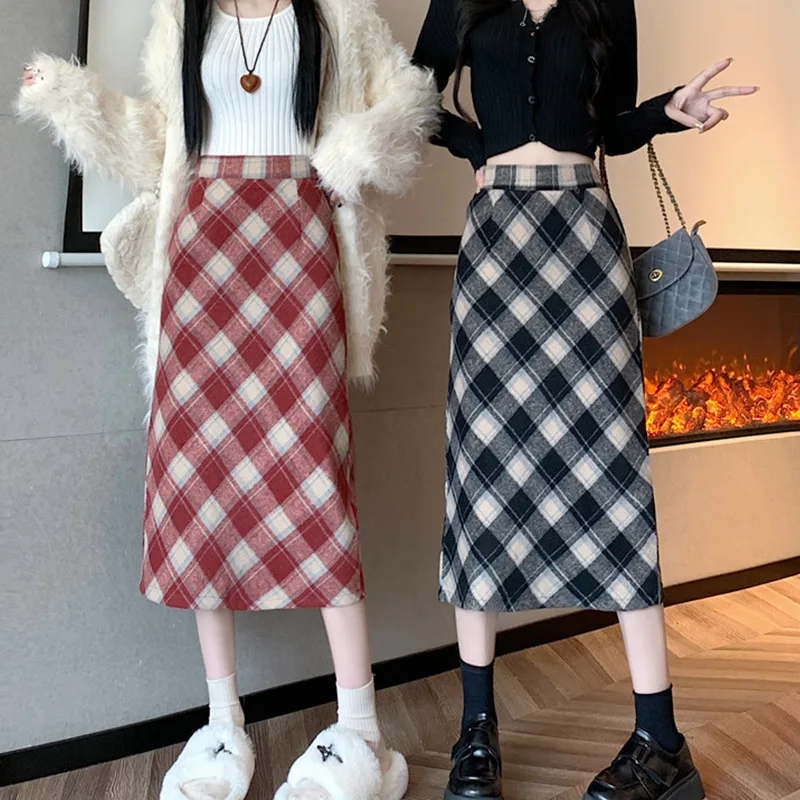 Korean Version Of Women Woolen Plaid Mid Length Skirt With High-Quality Business Travel High Waisted Split A-Line Straight Skirt