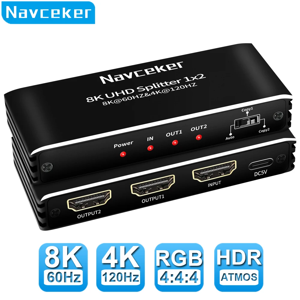 Navceker 8K 60Hz Hdmi Splitter 4K 120Hz 1X2 Hdmi 2.1 Splitter Audio 1 In 2 Out Estrattore Audio Hdmi Contemporaneo Per Ps5 Xbox