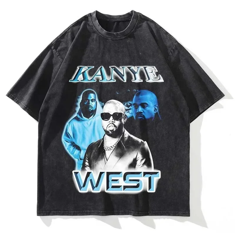 KANYE 남녀공용 그래픽 프린트 반팔 티셔츠, 면 소재, 빈티지 오버사이즈 크루넥, 패션 스트리트웨어, 여름 워싱