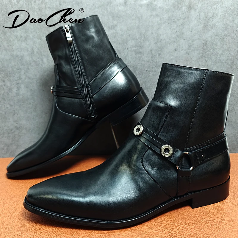 Luxury Men's Boots Zipper Mid-Calf Rock Boots Slip On Casual Dress Shoes Black Brown White Genuine Leather For Men