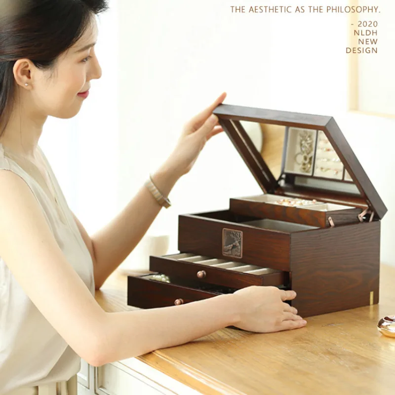 

Jewelry Storage Simple Retro Jewelry Box Earring Ring Hair Decoration Storage Box Light Luxury Large Capacity Wooden Multi-layer