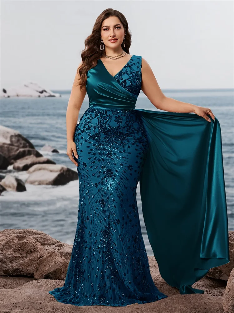 فستان سهرة Lucyinlove مقاس كبير أنيق على شكل حرف v...