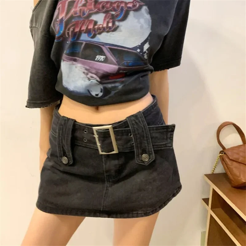 Retro A-line Denim Skirts Sexy Summer High Waisted Short Mini Skirts with Belt Korean Fashion faldas 90s gothic Clothing Summer