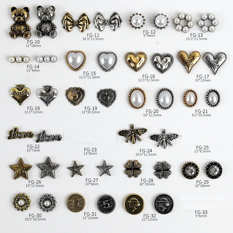

10PCS\Bag Luxury Charm Nail Parts Vintage Gold Silver Heart Bear Star Modeling Alloy Jewelry Nail Decoration Wholesale FG-11