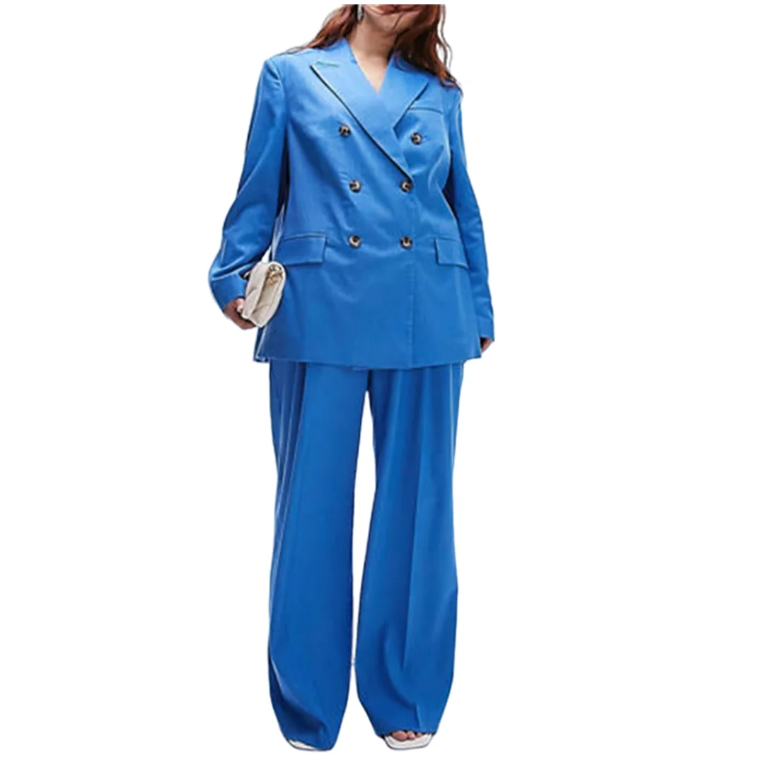 Double Breasted Plus Size Women Autumn Pantsuit Long Classic Royal Blue Fashion Suit Set Stylish Outfit For Women