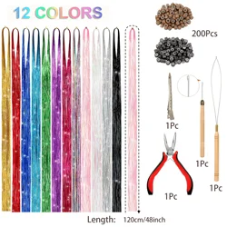 Glittery Heat - Resistant Hair Extensions Kit - 12 Vibrant Colors with Styling Tools (Mutil)