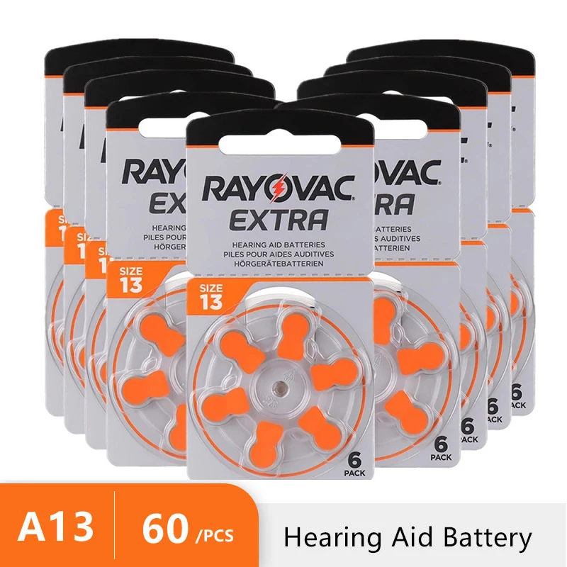 

60PC Hearing Aids Battery A13 13A 13 P13 PR48 1.45V RAYOVAC EXTRA Zinc Air Batteries For BTE CIC RIC Sound Amplifier Earphones