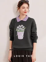 LOUIS YAO 2024 Winter Color Blocked Collar with Thick Velvet Printed Bead Embroidered Micro Elastic Loose Women's Hoodie 1