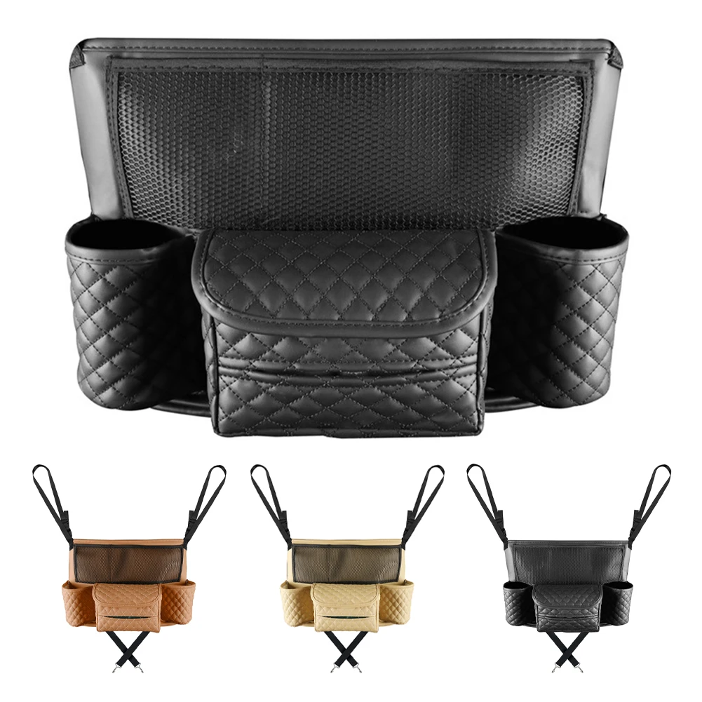 

New 1Pc Leather Car Seat Middle Hanger Storage Bag Luxury Auto Handbag Holder Between Seats Tissue Water Cup Stowing Pockets