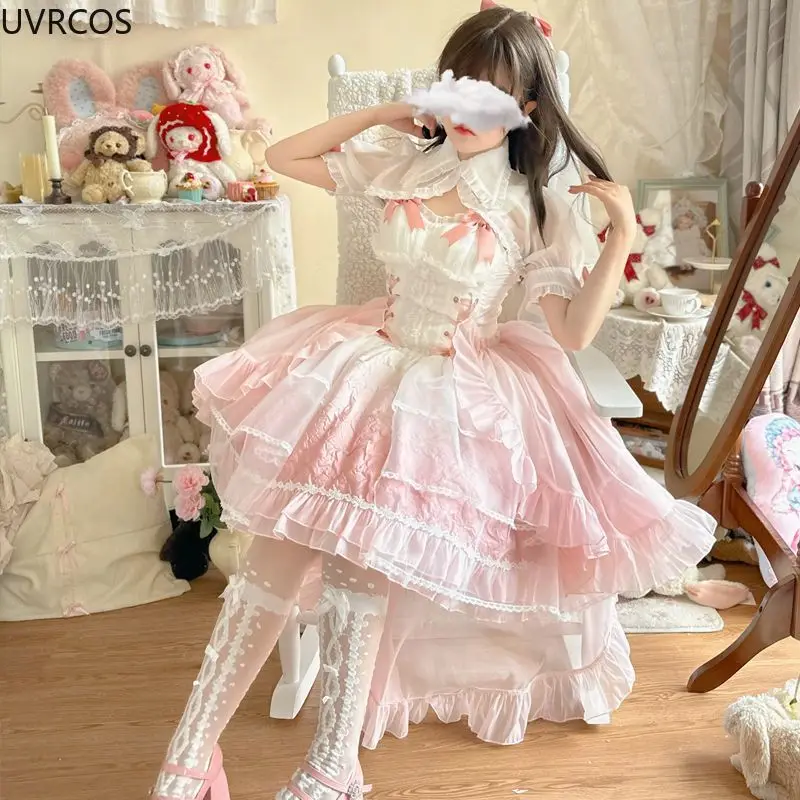 Pink Kawaii Gradient Color Lolita Dress Women Sweet Slim Bandage Bow Flower Dresses Female Vintage Elegant Fairy Party Dress Set