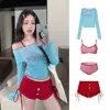 4Pcs/Set Summer Y2k Women's Swimsuit Dopamine Long Sleeve Bikini Set Hot Spring Swimming Sun-proof Crop Tops
