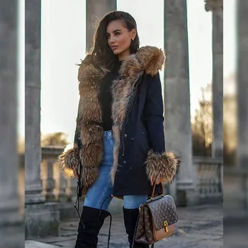 MAOMAOKONG 2023 Winter Hooded Thick Natural Real Raccoon Fur Collar Placket with Cuffs Down Jacket Woman Parkas Long Puffer Coat