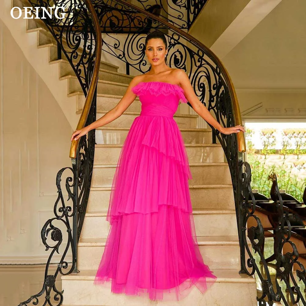 

OEING Glitter Hot Pink Tulle Long Prom Dresses Elegant Strapless Pleated Party Dress Women Floor Length Evening Gowns Gala 2024