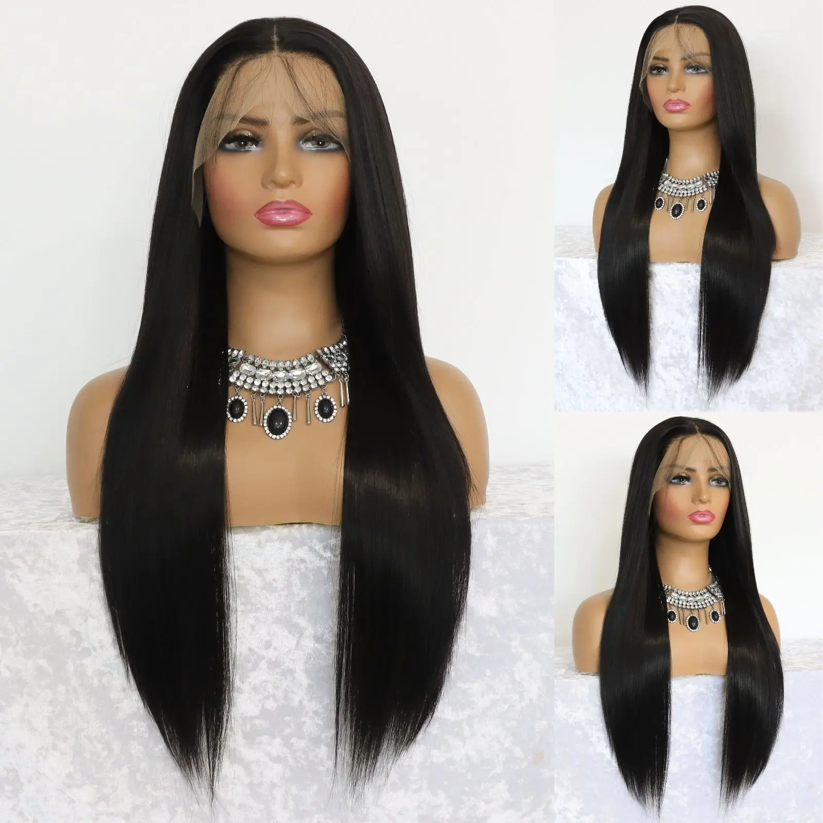 Black Straight Lace Front Synthetic Wig Natural Black 13×4 Lace Front Wig Heat-resistant Synthetic Fiber Wigs(24Inch)