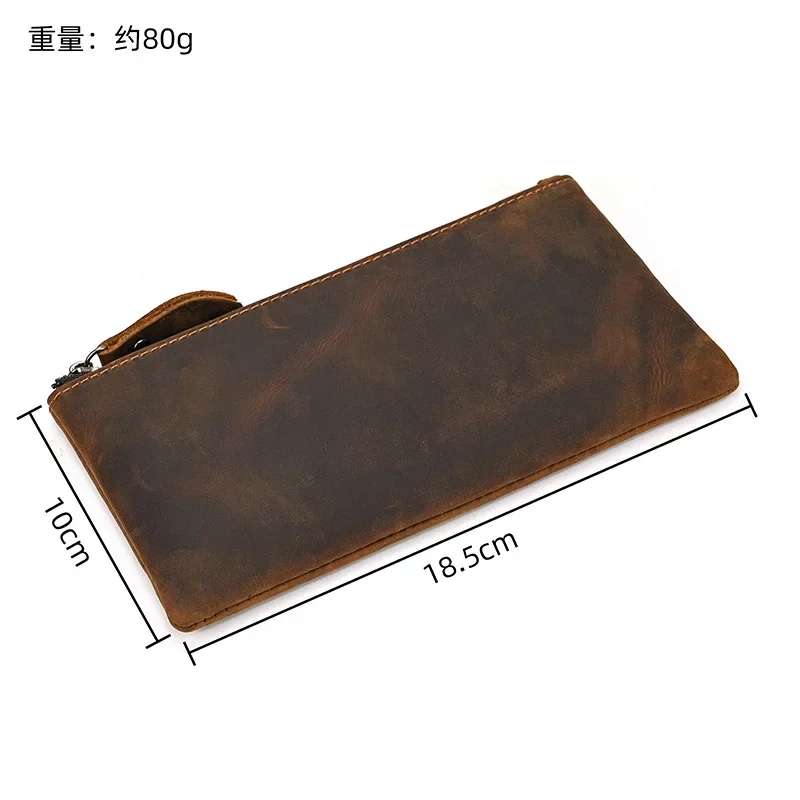 Vintage Crazy Horse Leather Men's Long Wallet with Large Capacity Zipper Phone Pocket Women's Clutch Bag
