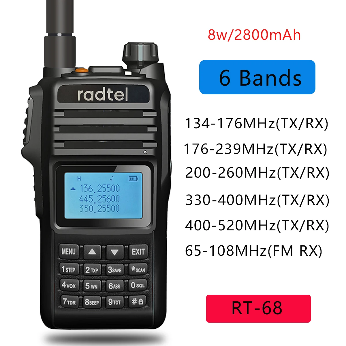 Любительская двухсторонняя рация Radtel RT-68 6 полос Водонепроницаемая IP68 8 Вт 256CH VOX
