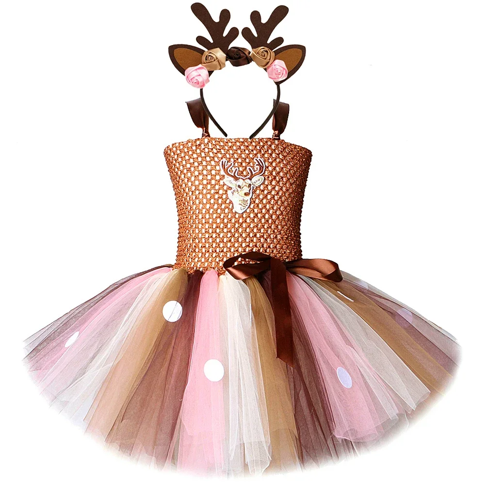 

Brown Deer Tutu Dress for Girls Christmas Halloween Costume Kids Reindeer Princess Dresses Knee-length Xmas Children's Clothes