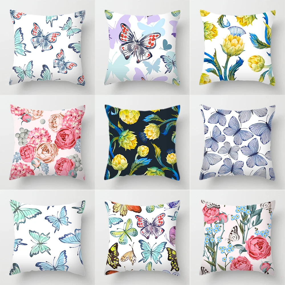 

Butterfly Love Flower Pink White Print Pattern Cushion Cover for Home Living Room Sofa Decoration Polyester Pillow Cover