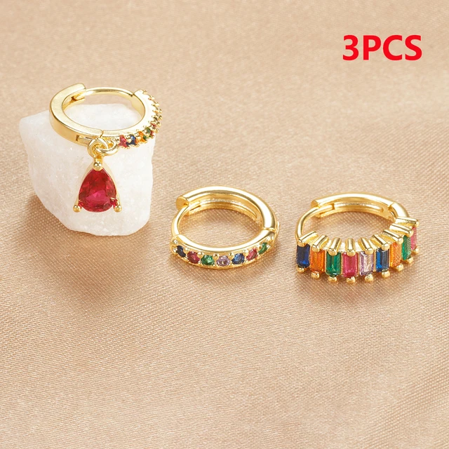 3PCS Colorful Cubic Zirconia Stainless Steel Hoop Earrings Set for Women Pendant Water Drop Earring Cartilage Piercing Jewelry 2
