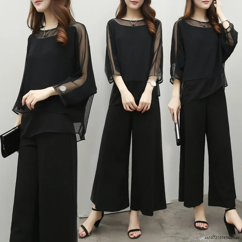 

Women Spring Summer Casual Pants Suit 2 Piece Set Shirt Top Wide Leg Pants Two Piece Outfits Elegant Tracksuit Female Oversize