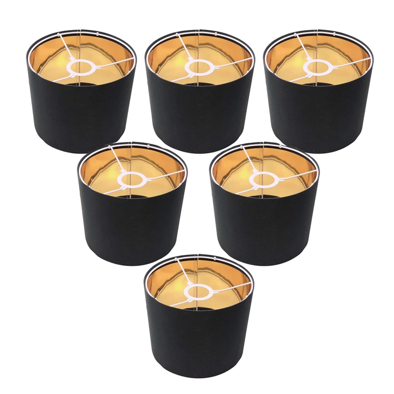 6pcs Lamp Shades Small Chandelier Linen Drum Black Gold Shades Set for Candle Bulbs E27 5.5 Inch Retro Clip-on Drum Lampshades