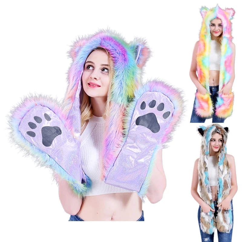 

Women 3 In 1 Furry Animal Hat Scarf Gloves Mittens Multifunctional Rainbow Colorful Winter Plush Hoodie with Dropship