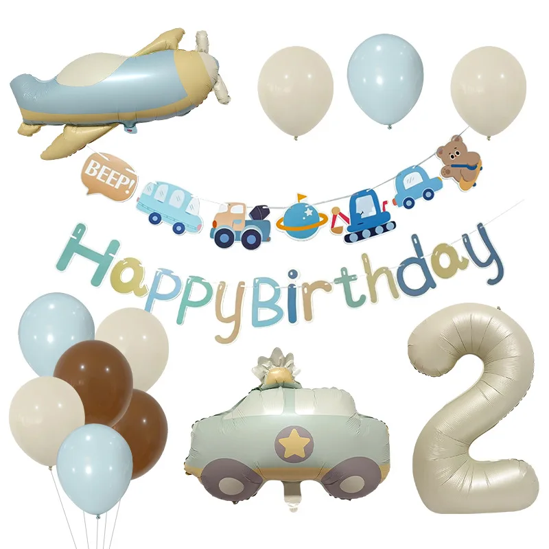 16pcs Cream Number Car Airplane Foil Balloons 1st Birthday Party Decor Kids Girl Boy Baby 1 2 3 4 5 6 7 8 9 Year Old Supplies
