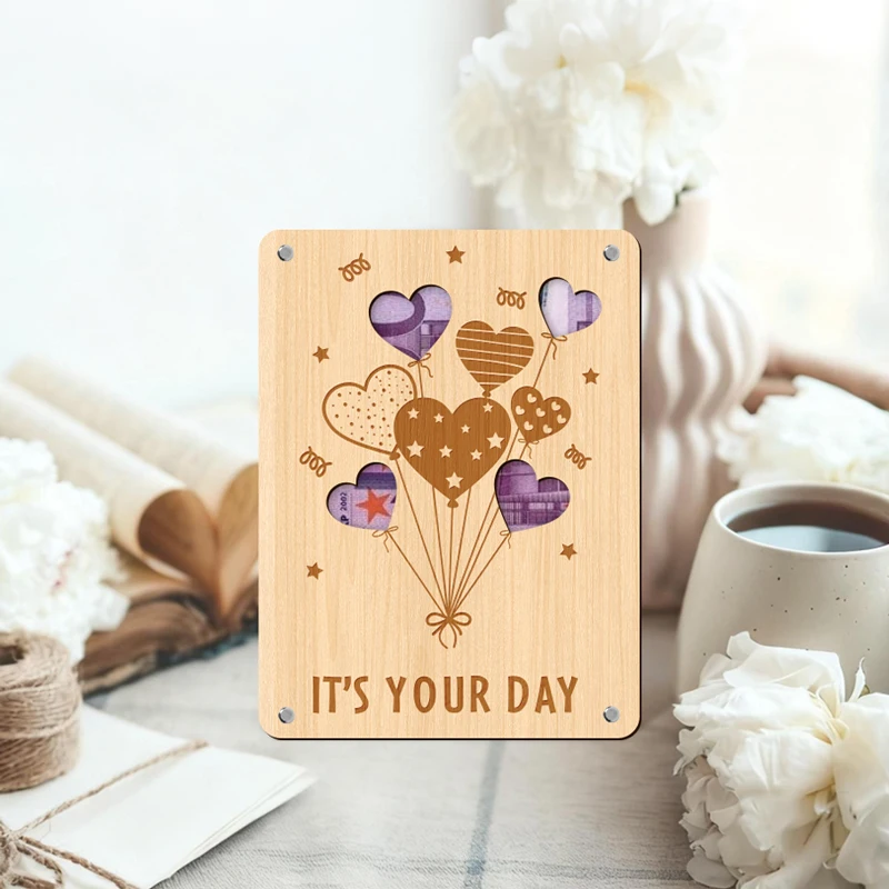 Elegant Wooden Heart Balloon Greeting Card - Perfect for Weddings, Birthdays, and Special Occasions