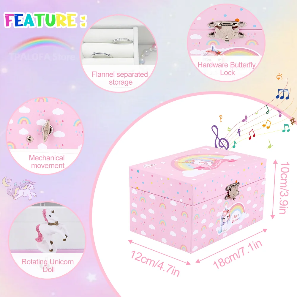 Girls Unicorn Music Jewelry Box with Spining Doll Cute Jewelry Storage Box Birthday New Year Christmas Music Box Gifts for Girls 3