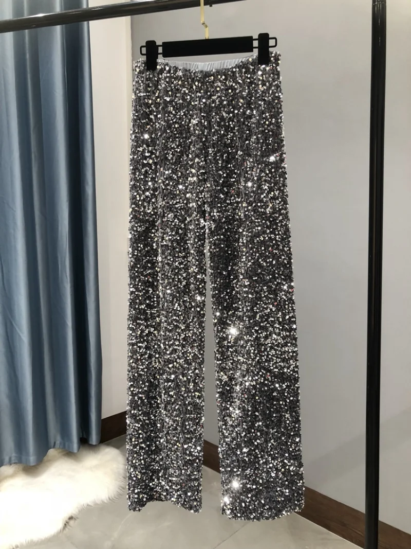 The New Women's Fashion Trendy Sparkling Gold Pants Relaxation of Tall Waist Wide-legged Pants Women's South Korean Style 2023