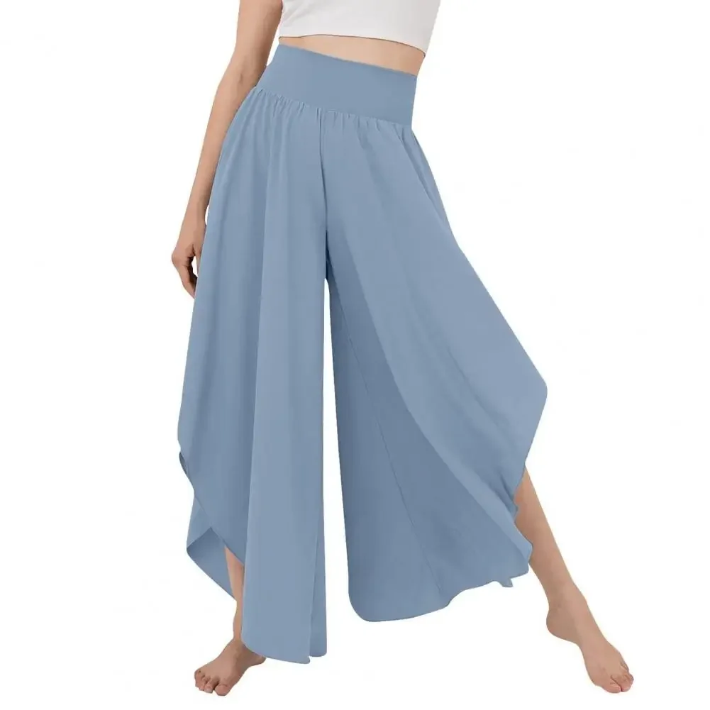 Women Culottes Skirt Pants High Elastic Waist Loose Irregular Hem Ankle Length Solid Color Soft Breathable Female Trousers