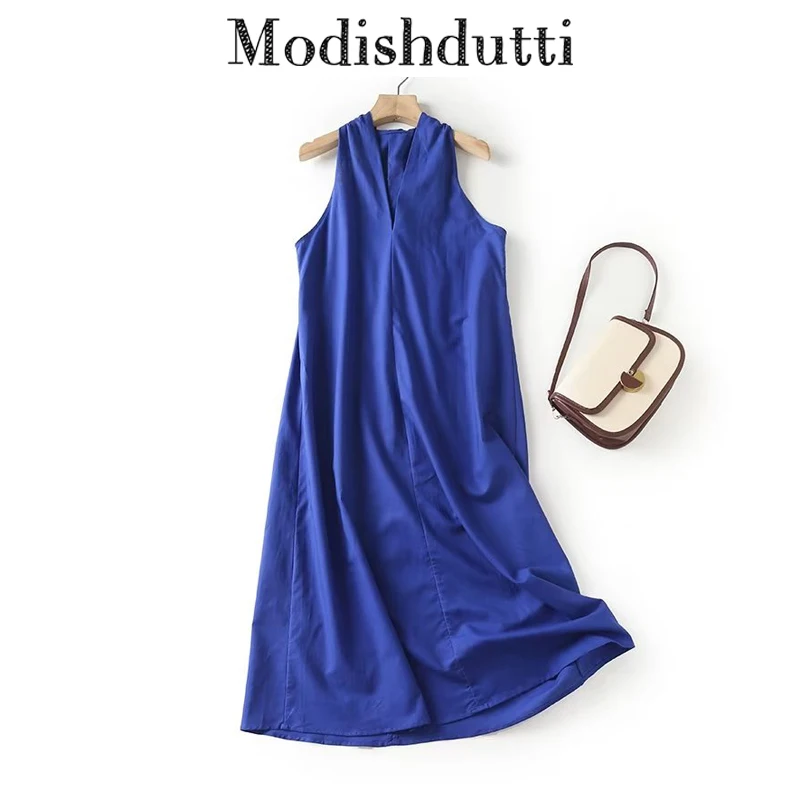 

Modishdutti 2024 High Quality Summer Women Fashion Loose Sleeveless V-Neck Dress Female Solid Color Casual Pullover Dresses
