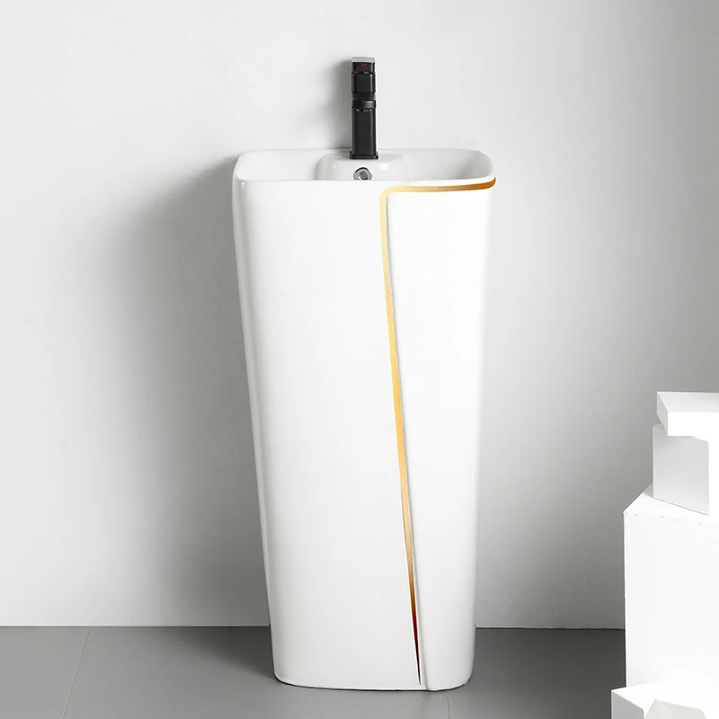 

Modern Lavatory Square Pillar Gold Line White Ceramic Bathroom Sink One-Piece Wash Hand Pedestal Basin