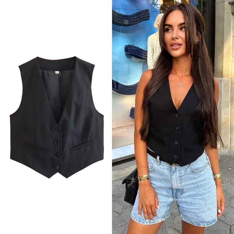 HXAO, chalecos sin mangas a la moda para mujer, Top corto blanco con botones, chaqueta informal de oficina, traje de verano para mujer, chaleco negro, Top